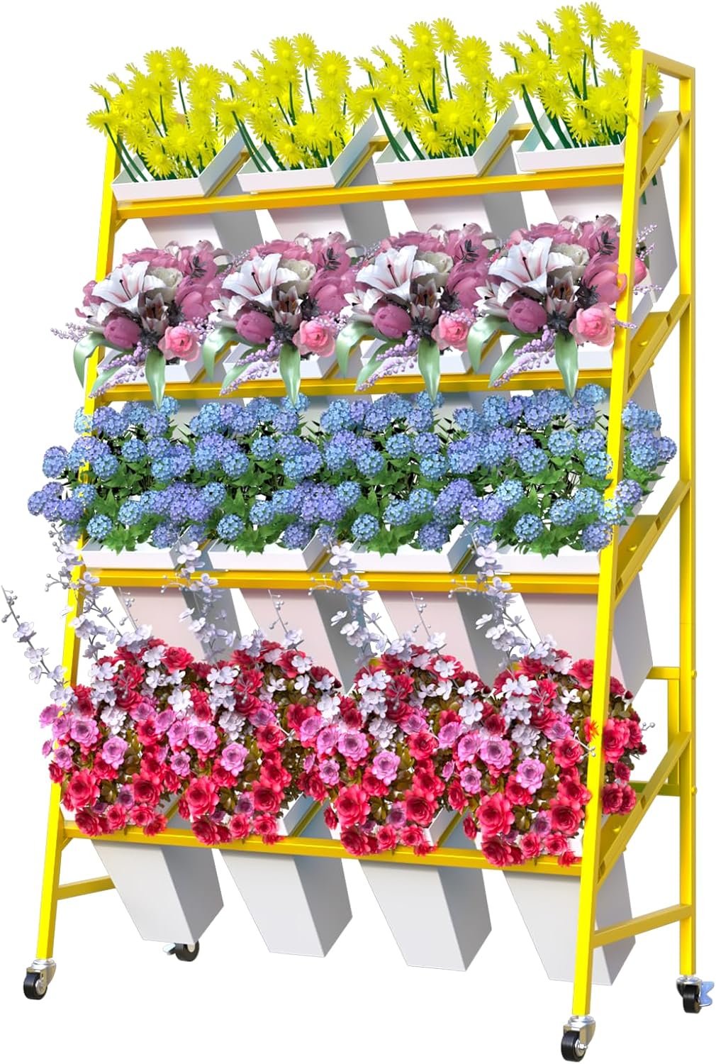 Flower Display Stand, 3 Tier Metal Plant Stand with 12pcs Plastic Flower Buckets, Moving Heavy Duty Flower Cart Flower Rack Indoor,Outdoor Patio,Garden,Living Room,Florist(with 12 black Buckets)