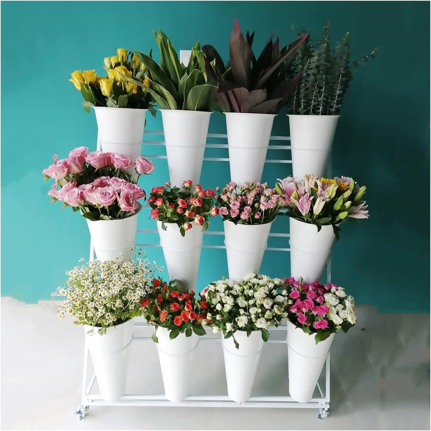 Flower Display Stand, 3 Layers Heavy Duty Moving Plant Cart Shelf With Wheels and Bucket, Wrought Iron Florist Shelf, for Patio Garden, Living Room, Outdoor Flower Pop-Up Events (Golden Iron Frame)