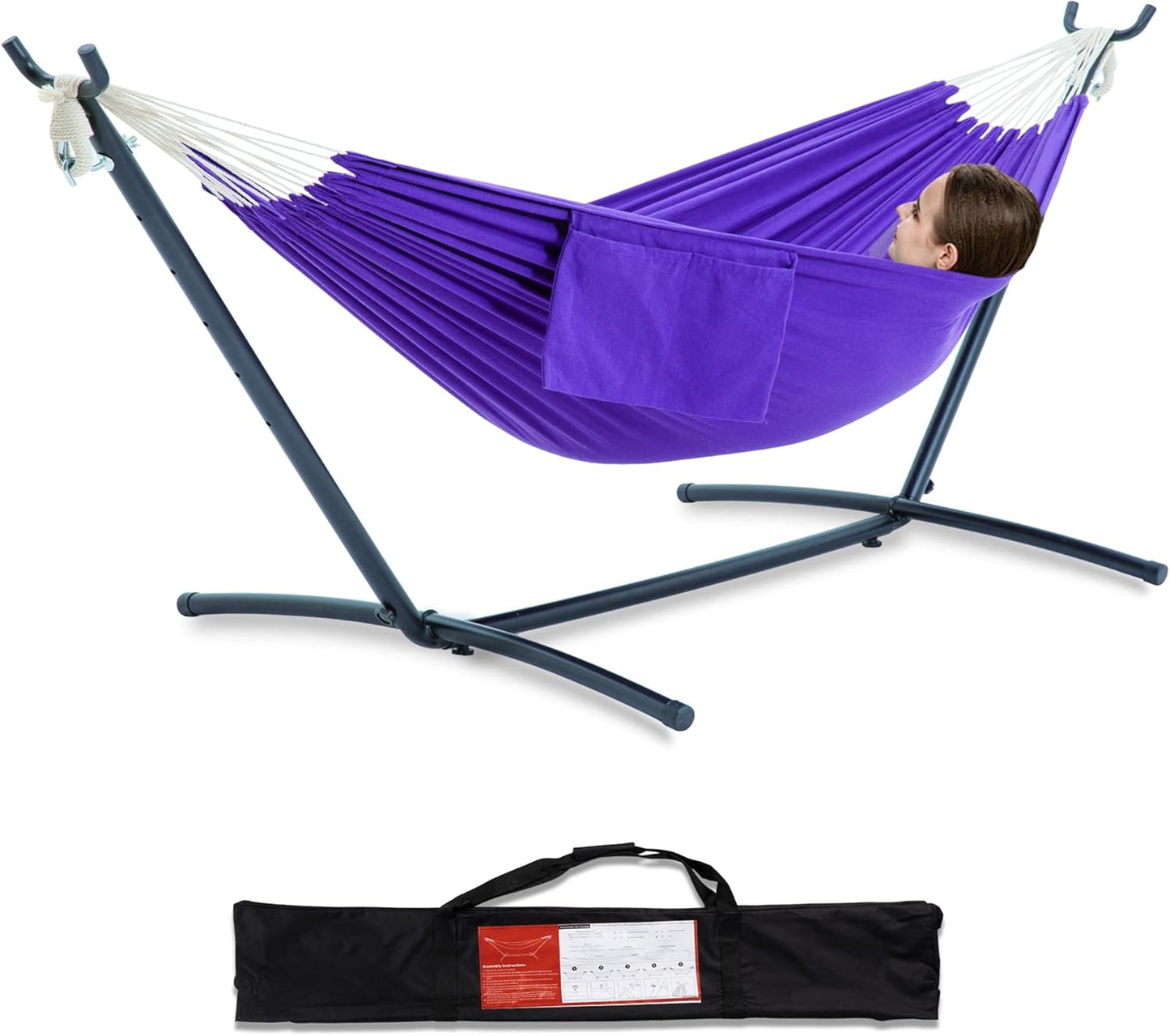 PNAEUT Double Hammocks with Stand for Outside, Portable Space Saving Heavy-Duty Steel Stand for Indoor Outdoor Patio with Carrying Bag, 450 lbs Capacity (Navy)