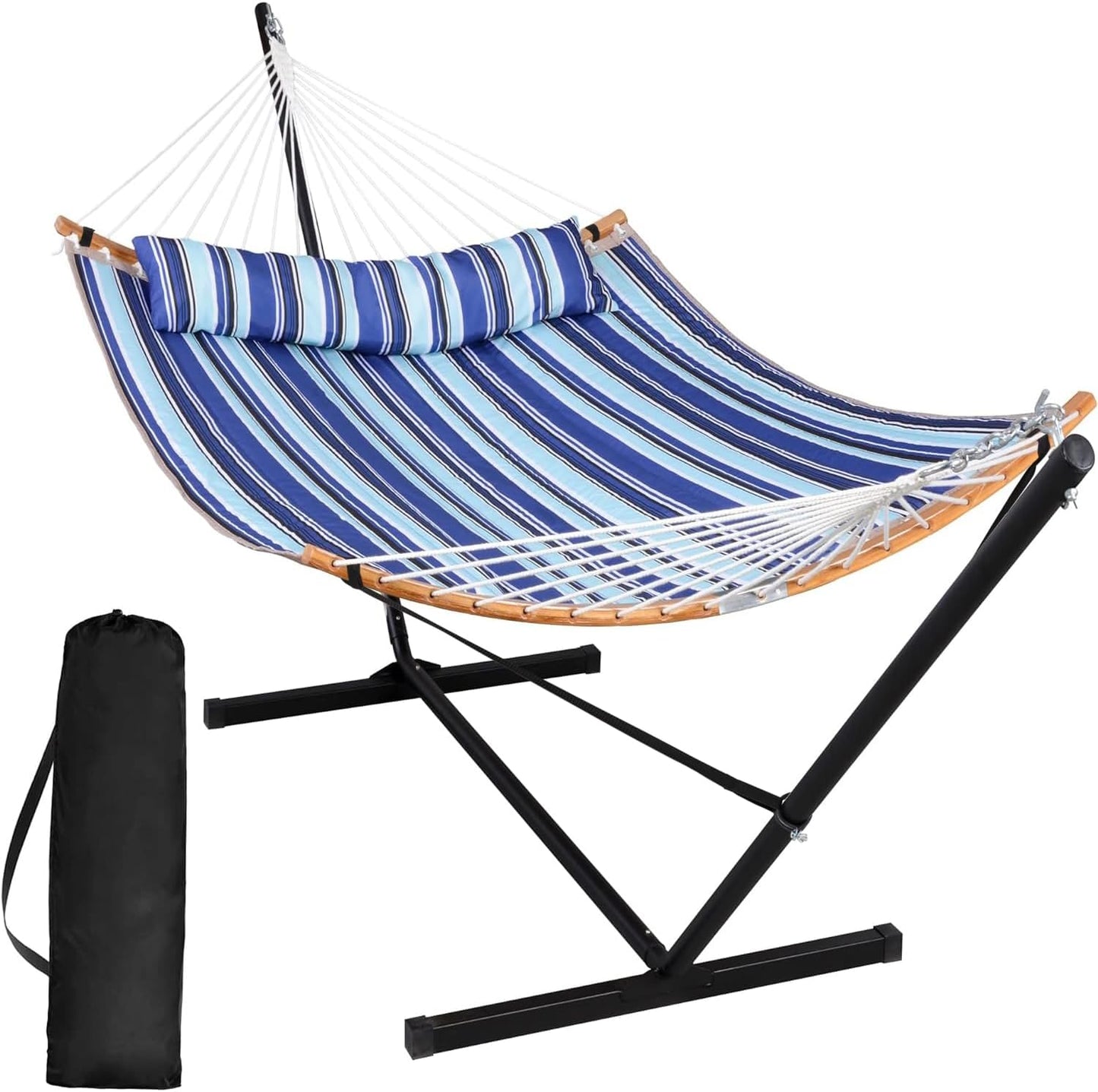 SUNCREAT Portable Outdoor Hammock with Stand, Heavy Duty Hammock with Carrying Bag, Soft Pillow, Balance Ropes, Dark Blue