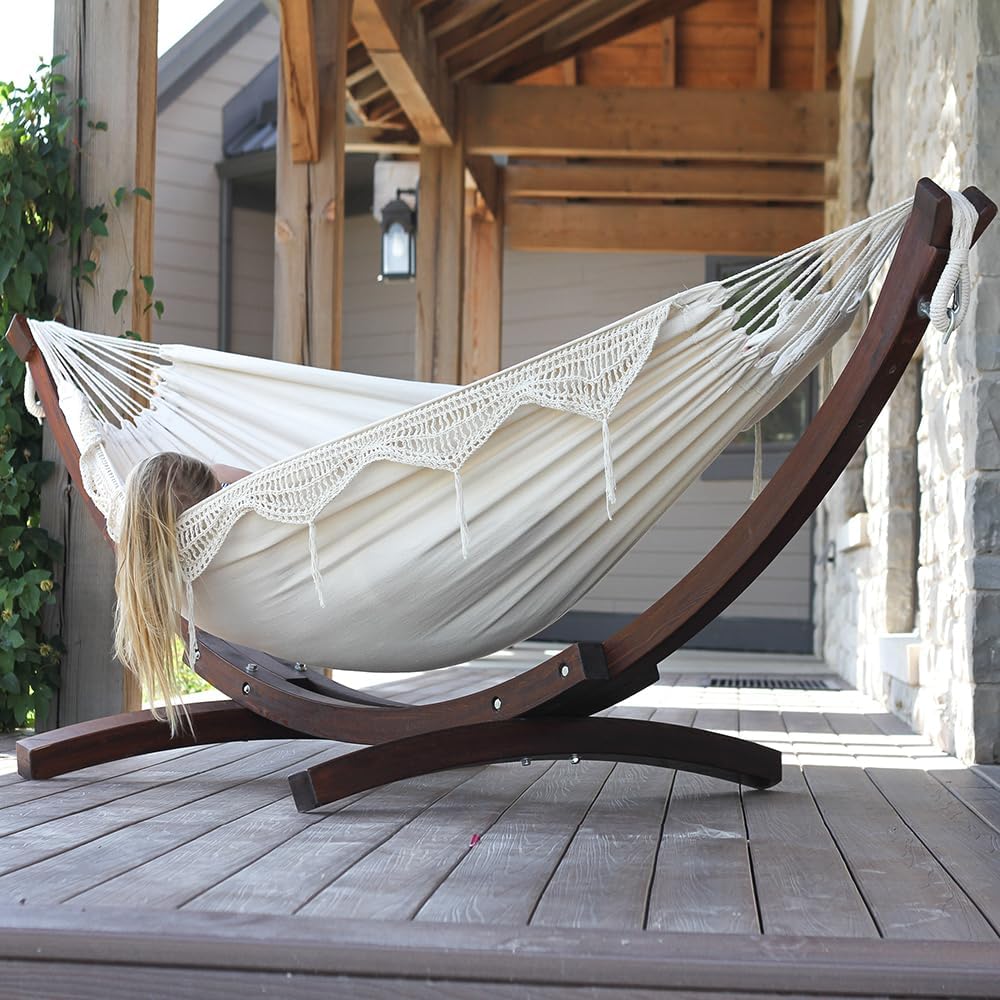 Vivere Double Cotton Hammock with Solid Pine Arc Stand - 450 lb Capacity, Durable FSC Wood Frame, Includes Hardware & User Guide - 450 lb Weight Capacity