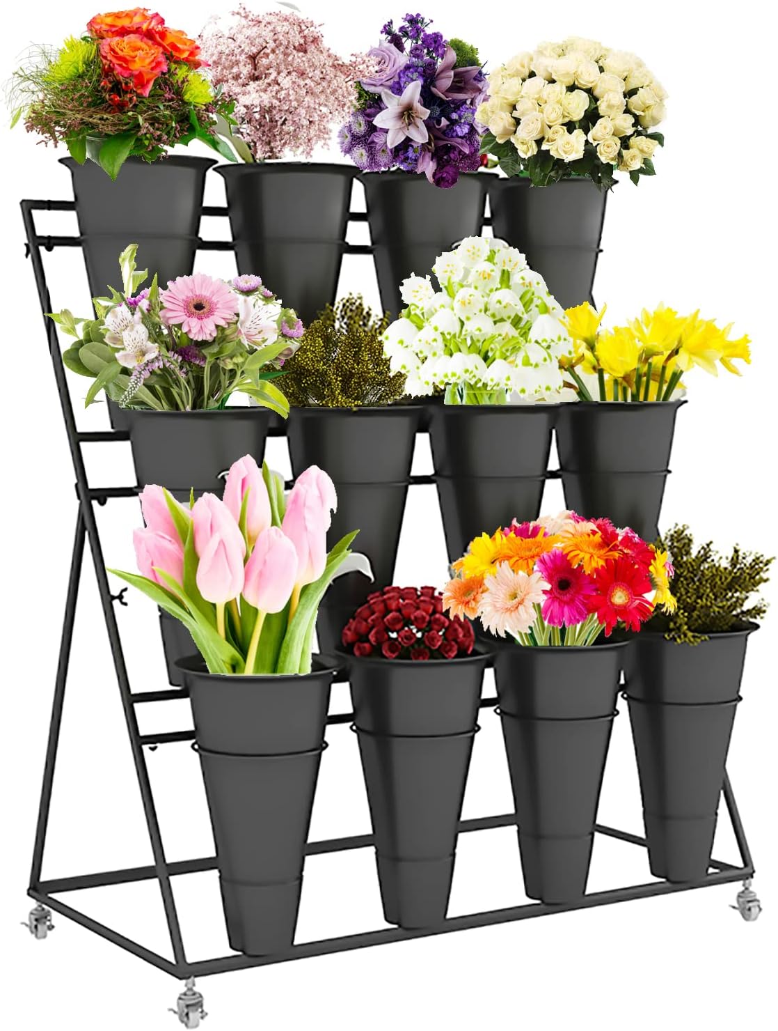 Flower Display Stand, 3 Layers Heavy Duty Moving Plant Cart Shelf With Wheels and Bucket, Wrought Iron Florist Shelf, for Patio Garden, Living Room, Outdoor Flower Pop-Up Events (Golden Iron Frame)