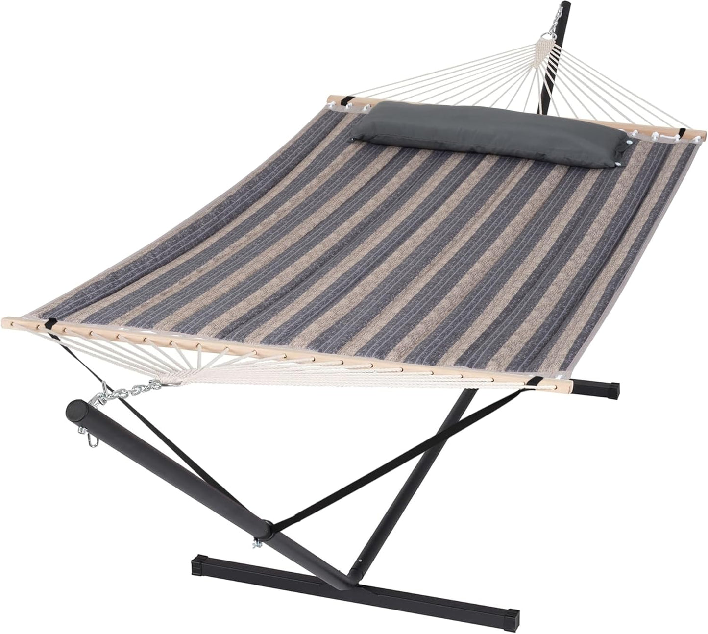 SUNCREAT 55 Inch Extra Large Double Hammock with Stand, 475lbs Capacity, Outdoor Portable Hammock with Hardwood Spreader Bar, Extra Large Pillow, Grey