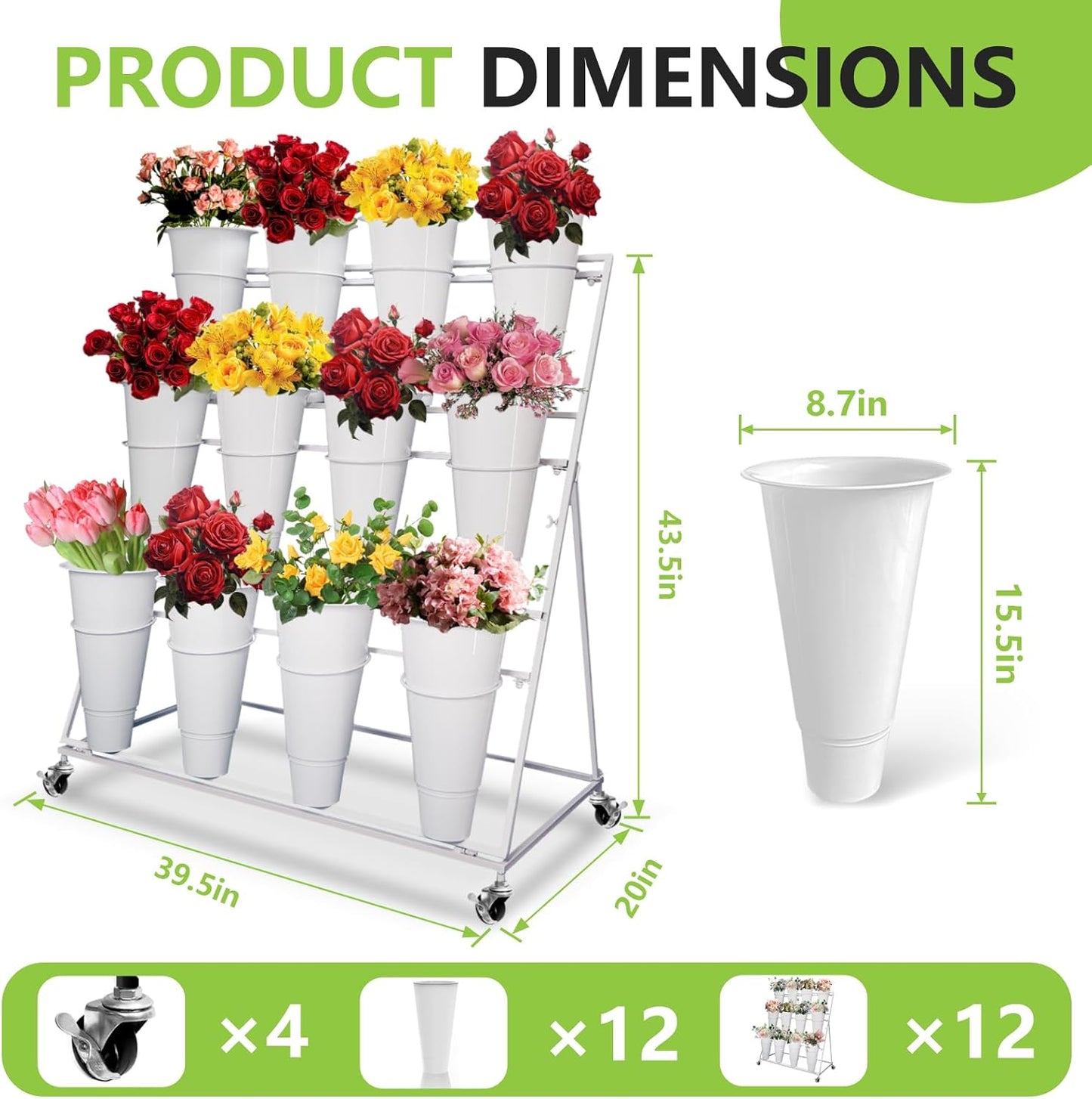 Flower Display Stand with 12 Buckets, 3 Layers Cart Display Stand with Wheels, Sturdy White Moving Florist Bouquet Shelf for Patio Garden Flower Shop, with Lockable Swivel Wheels