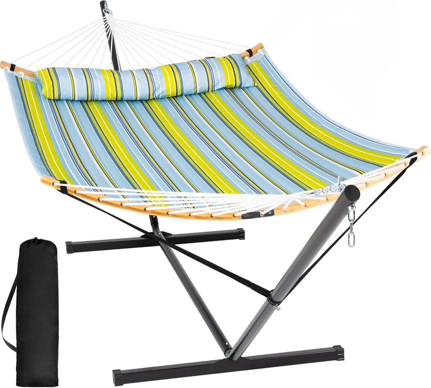 SUNCREAT Portable Outdoor Hammock with Stand, Heavy Duty Hammock with Carrying Bag, Soft Pillow, Balance Ropes, Dark Blue