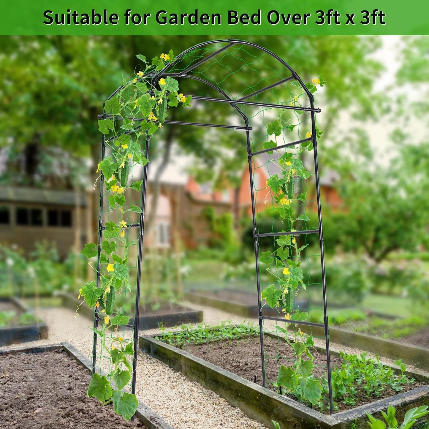 Cucumber Trellis, 6.7ft Tall Garden Arch Trellis for Climbing Plants Outdoor Arbor Support Vine Vegetable Tomato Bean Pea Grape Squash Pumpkin Cucumber Trellis Raised Bed, Lightweight, Black
