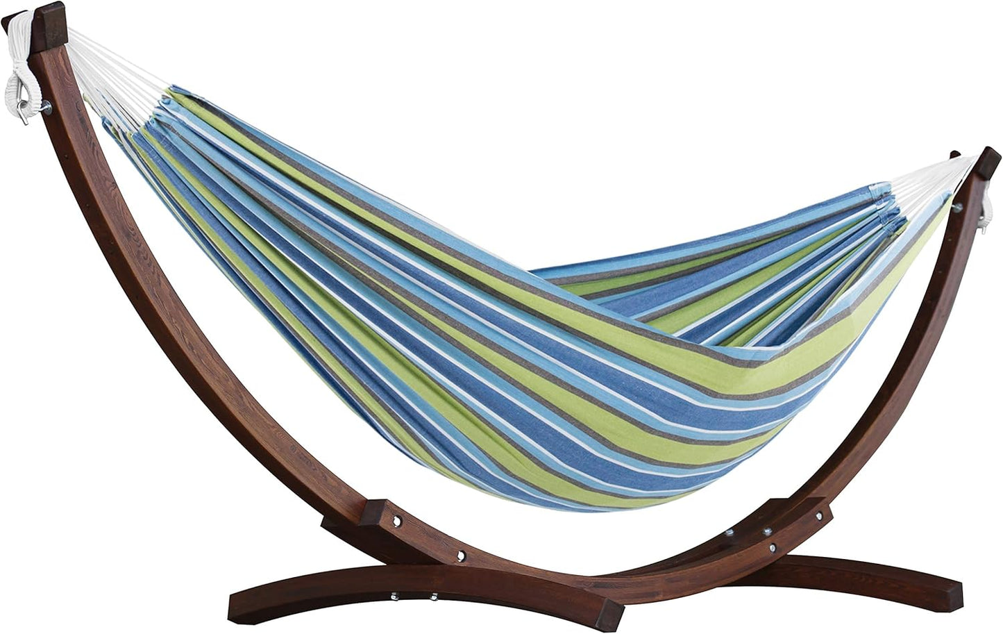 Vivere Double Cotton Hammock with Solid Pine Arc Stand - 450 lb Capacity, Durable FSC Wood Frame, Includes Hardware & User Guide - 450 lb Weight Capacity