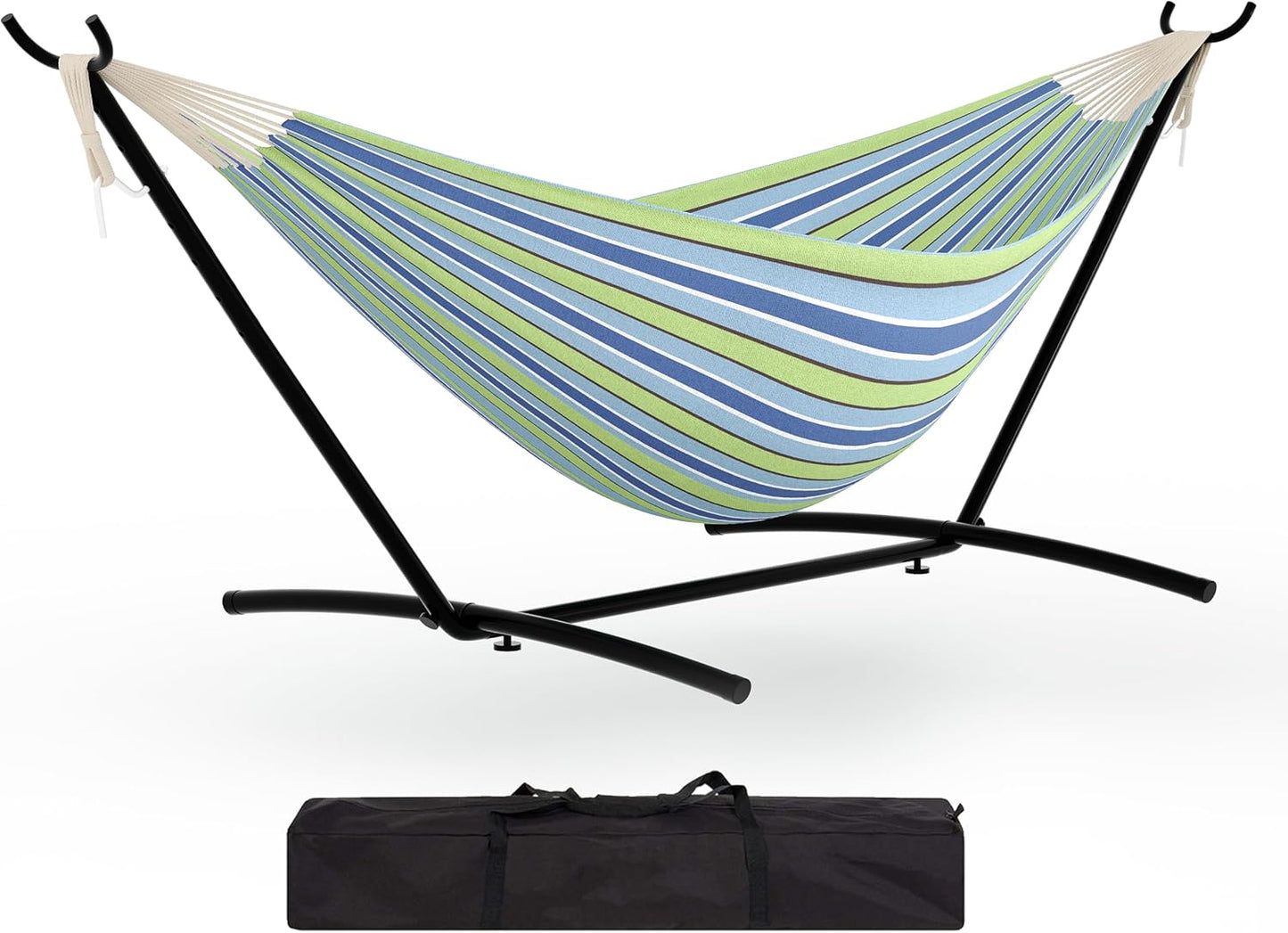 Instant-Setup 2-Person Hammock with Reinforced Steel Frame – Portable Outdoor Lounger for Garden, Camping & Beach (450lb Capacity + Quick-Fold Carry Bag),Blue-Green Stripes