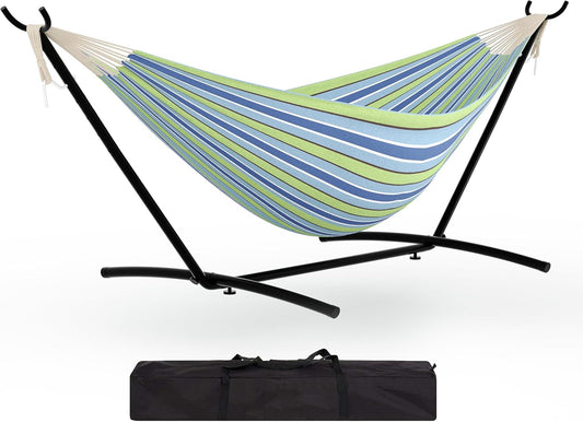 Instant-Setup 2-Person Hammock with Reinforced Steel Frame – Portable Outdoor Lounger for Garden, Camping & Beach (450lb Capacity + Quick-Fold Carry Bag),Blue-Green Stripes