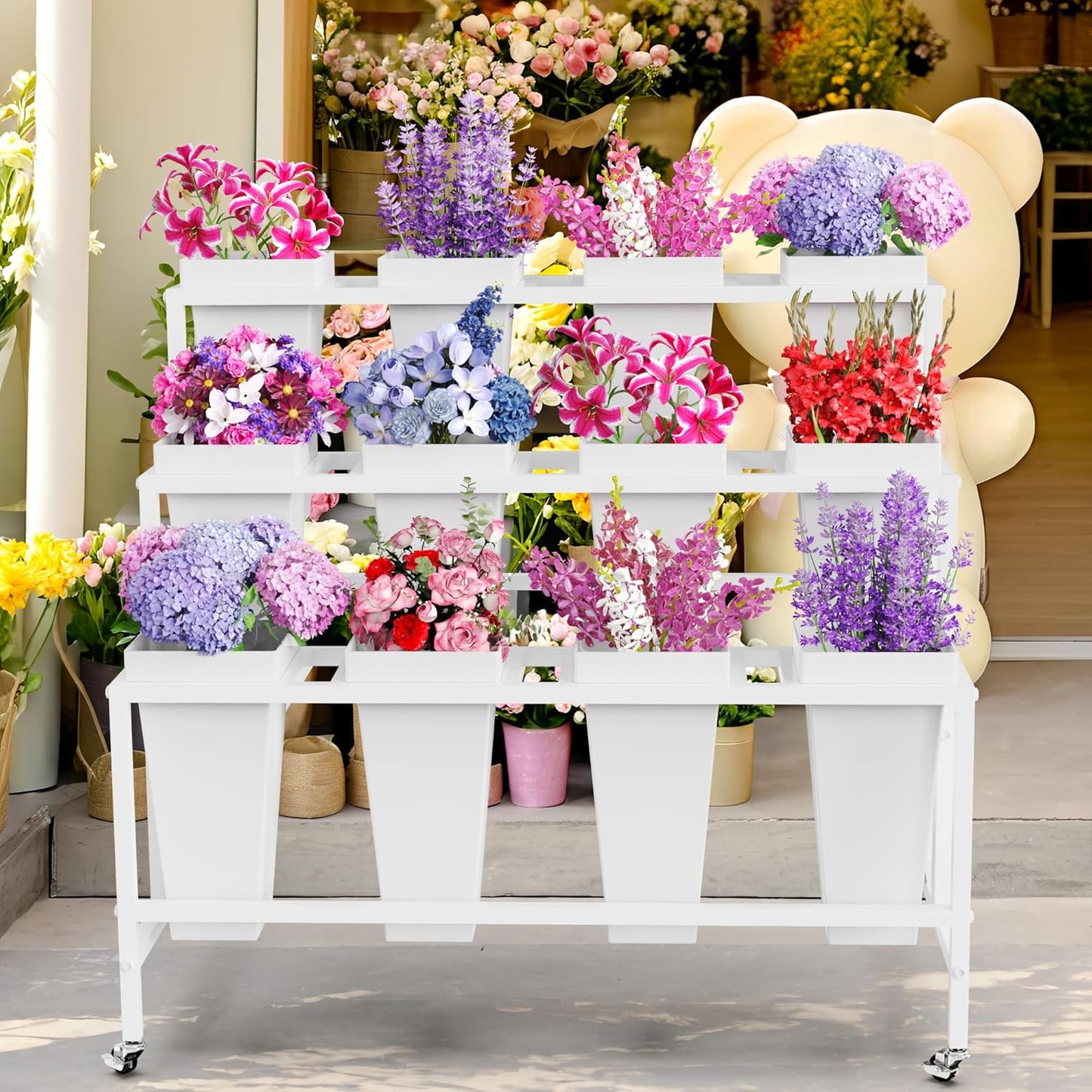 Asee'm Flower Display Stand with 12 Buckets, 3 Layer Metal Flower Bar Stand with Wheels Heavy Duty Moving Flowers Cart Display Bloom Bar for Florist Indoor Outdoor Patio Garden Wedding Dector White