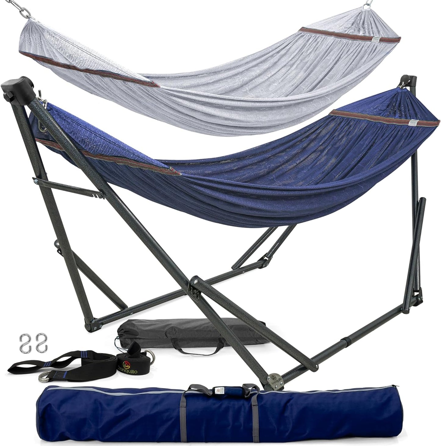 Tranquillo Universal Double Hammock with Stand Included for 2 Persons/Foldable Hammock Stand 600 lbs Capacity Portable Case - Inhouse, Outdoor, Camping, Sky