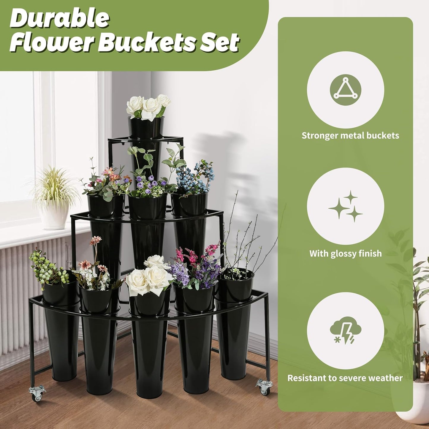 Flower Display Stand, 3 Layers Flower Cart Shelf with 9 Buckets, Flower Bar with 360° Swivel Wheels and Brake, Arch Flower Buckets Rack for Indoor, Florists, Garden, Flower Pop-Up Events