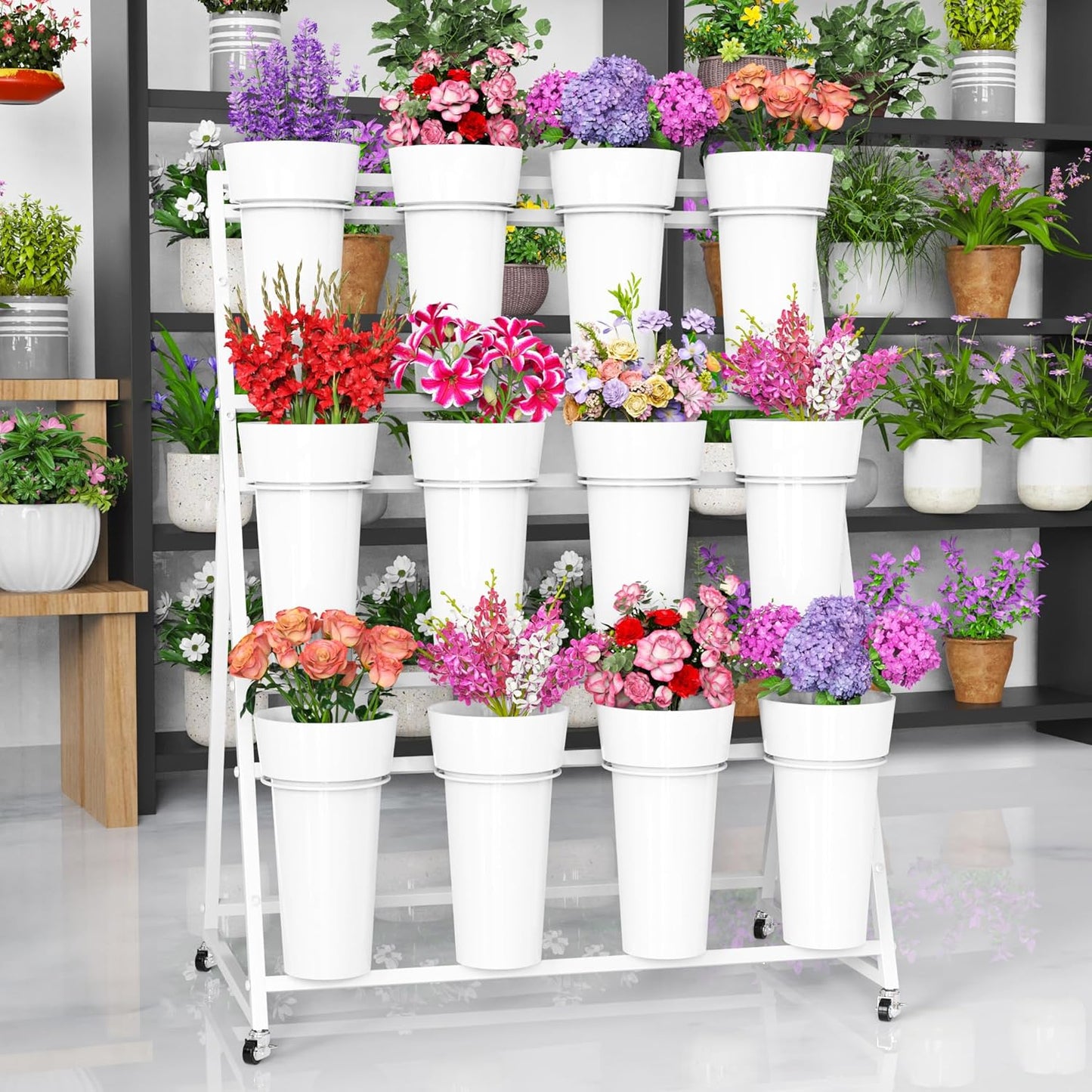 Asee'm Flower Display Stand with Buckets, 3-Layer Metal Flower Stand, Heavy Duty Movable Flower Bar with Wheels Flower Cart for Indoor Flower Shop Terrace Gardens Wedding Outdoor Flower Events White