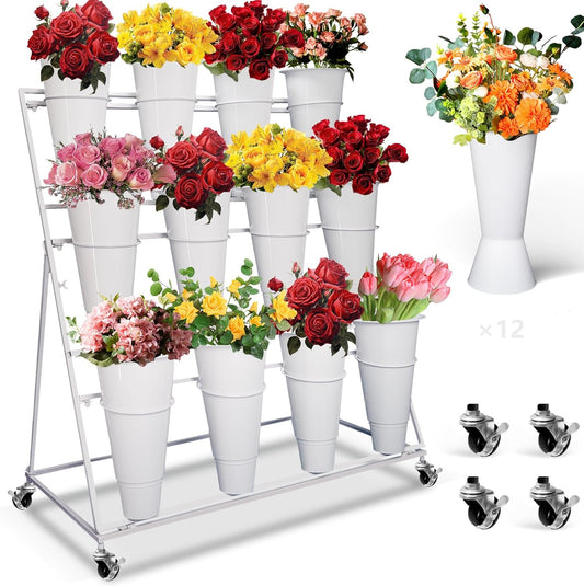 Flower Display Stand with 12 Buckets, 3 Layers Cart Display Stand with Wheels, Sturdy White Moving Florist Bouquet Shelf for Patio Garden Flower Shop, with Lockable Swivel Wheels