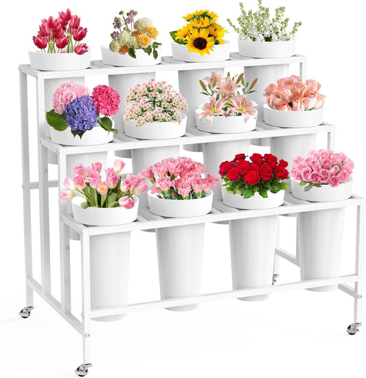 Flower Display Stand with 12 Buckets, Flower Cart White 3 Layers Metal Flowers Bar Stand with Wheels, Moving Florist Bouquet Shelf for Wedding Party Indoor Living Room Outdoor Patio Garden
