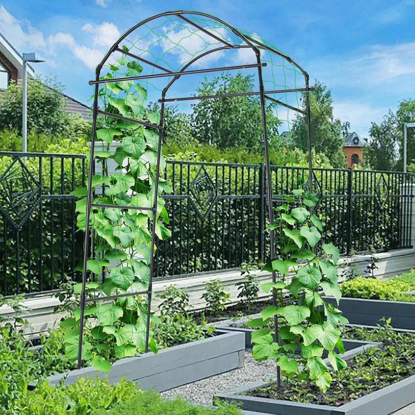 Cucumber Trellis, 6.7ft Tall Garden Arch Trellis for Climbing Plants Outdoor Arbor Support Vine Vegetable Tomato Bean Pea Grape Squash Pumpkin Cucumber Trellis Raised Bed, Lightweight, Black