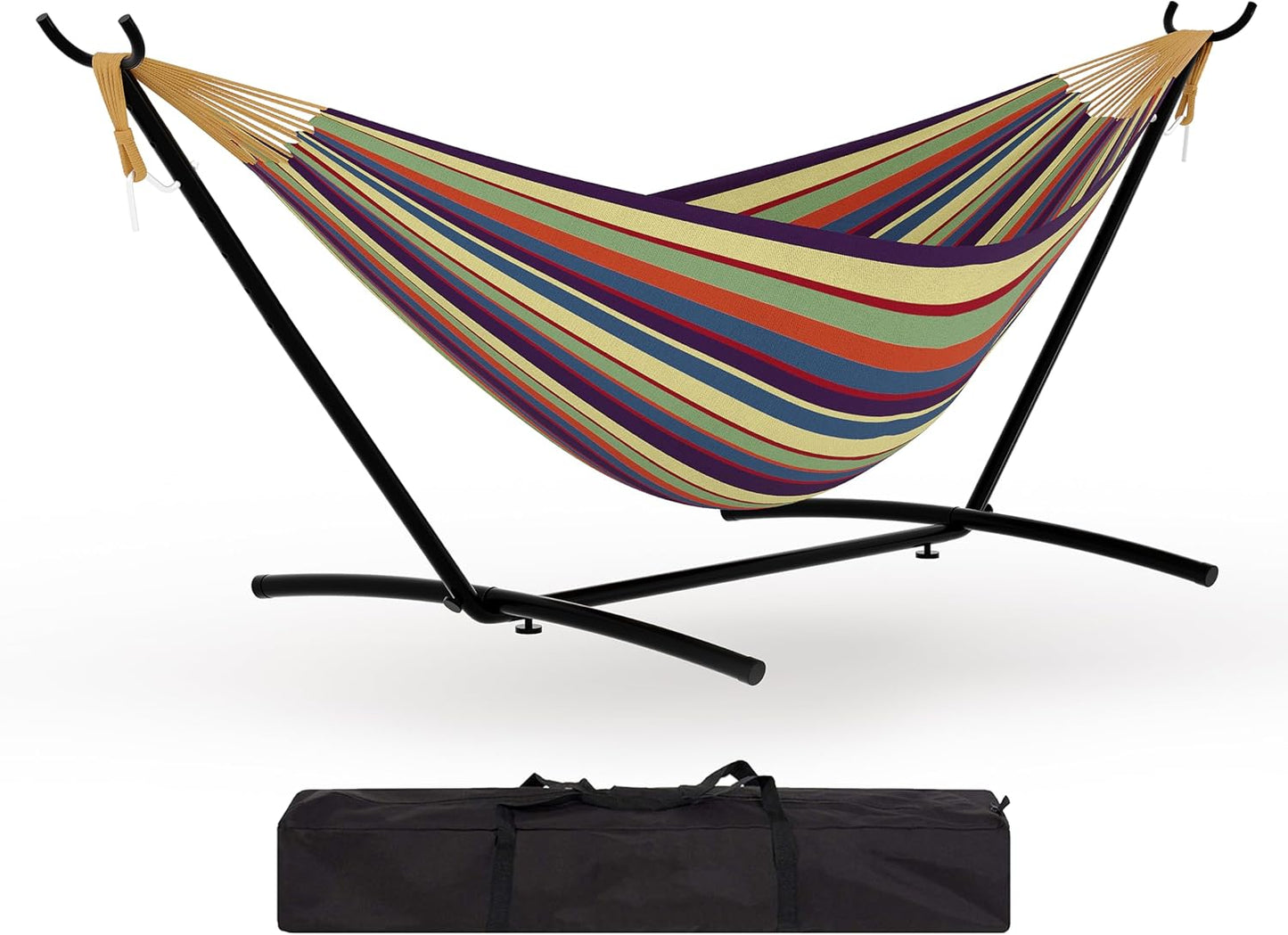 Instant-Setup 2-Person Hammock with Reinforced Steel Frame – Portable Outdoor Lounger for Garden, Camping & Beach (450lb Capacity + Quick-Fold Carry Bag),Blue-Green Stripes