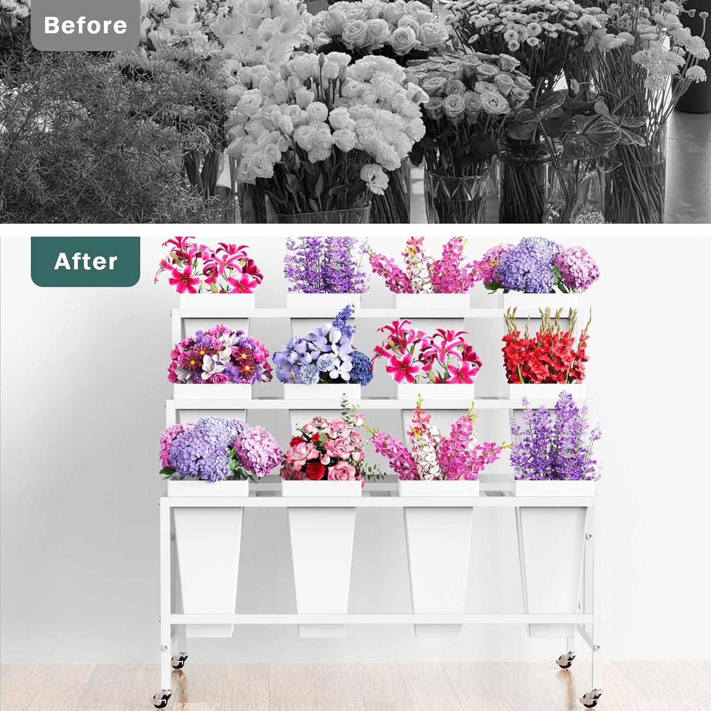 Asee'm Flower Display Stand with 12 Buckets, 3 Layer Metal Flower Bar Stand with Wheels Heavy Duty Moving Flowers Cart Display Bloom Bar for Florist Indoor Outdoor Patio Garden Wedding Dector White