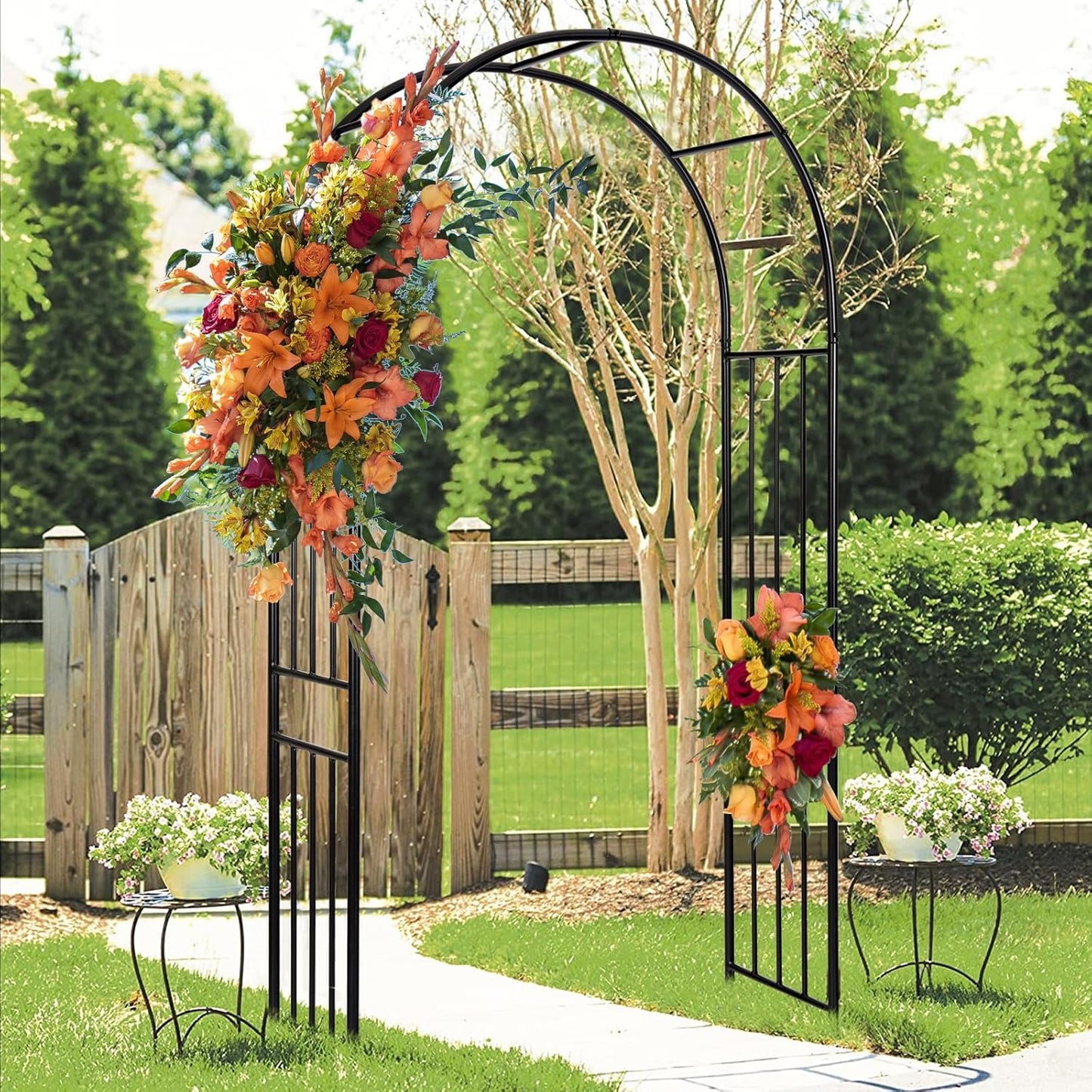 LDAILY Moccha Garden Arch Arbor Trellis, 7.2Ft Outdoor Steel Arbor with Stakes, Metal Archway for Climbing Plants, Wide Sturdy Garden Arch for Lawn, Party, Ceremony Wedding Decoration, Black