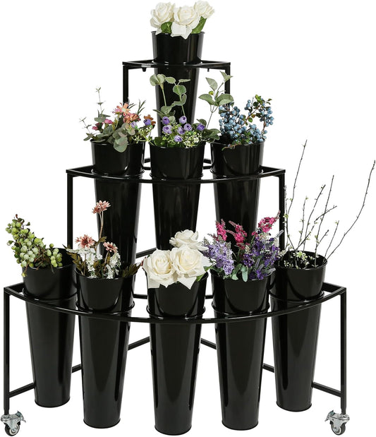 Flower Display Stand, 3 Layers Flower Cart Shelf with 9 Buckets, Flower Bar with 360° Swivel Wheels and Brake, Arch Flower Buckets Rack for Indoor, Florists, Garden, Flower Pop-Up Events