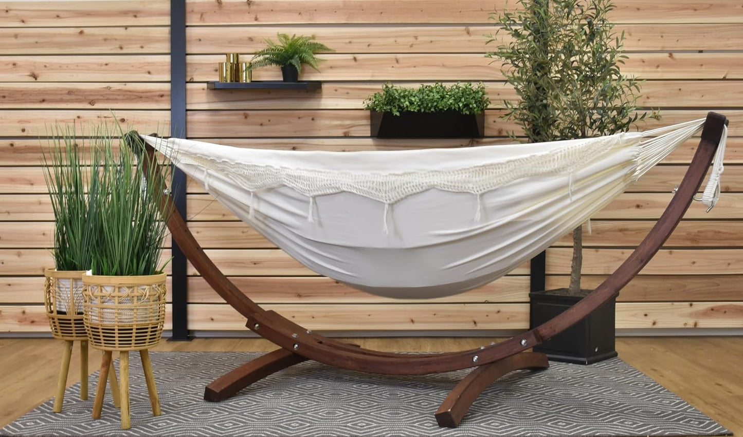 Vivere Double Cotton Hammock with Solid Pine Arc Stand - 450 lb Capacity, Durable FSC Wood Frame, Includes Hardware & User Guide - 450 lb Weight Capacity