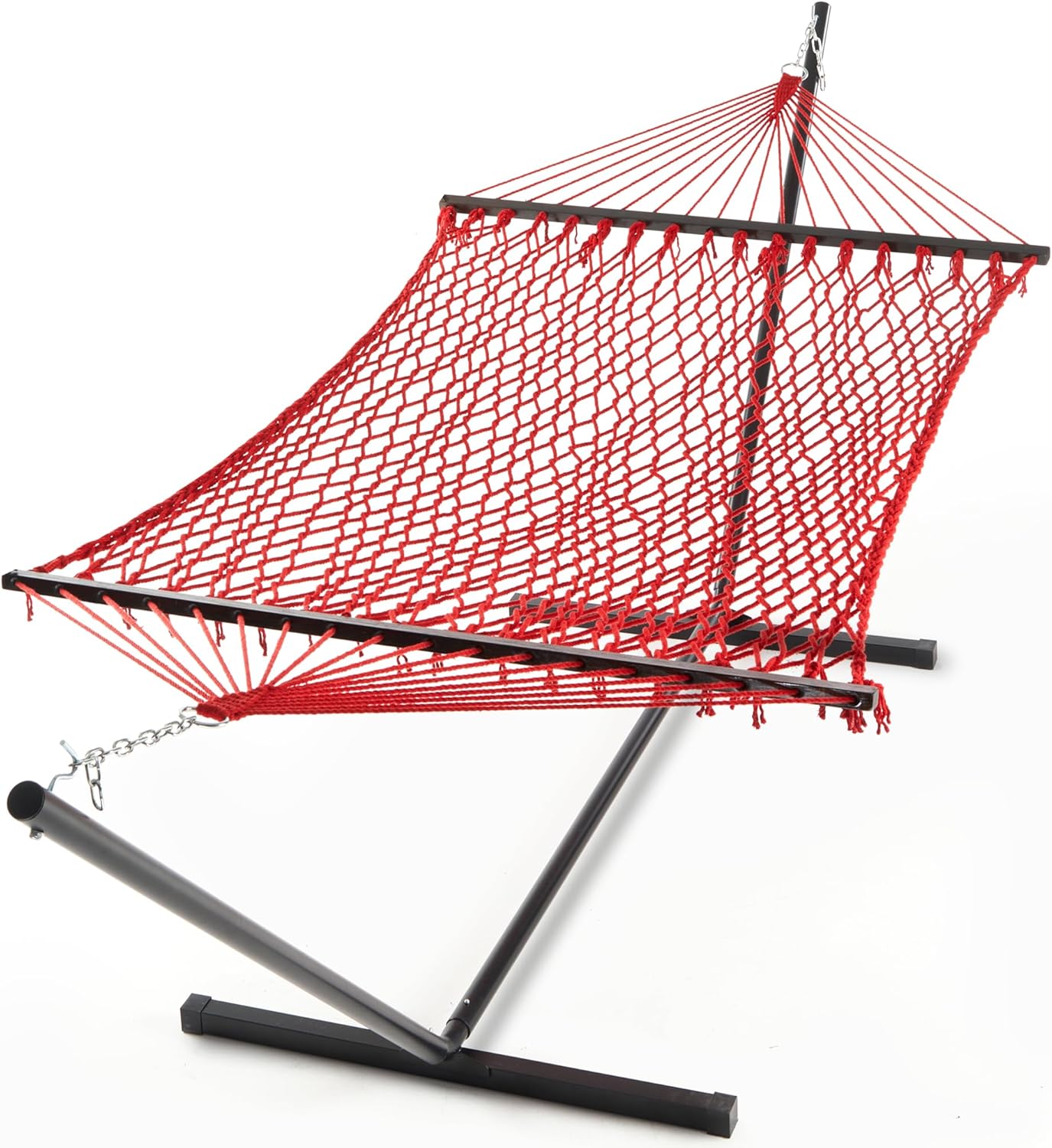 PNAEUT Double Rope Hammock with Stand Included, 12ft Heavy Duty Stand, 2 Person Traditional Cotton Rope Hammocks with Pillow for Outside Porch Patio Backyard Outdoor, Max 475lbs Capacity (Burlywood)