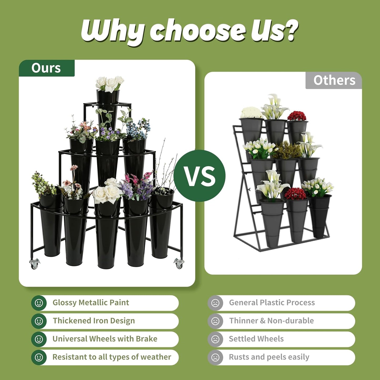 Flower Display Stand, 3 Layers Flower Cart Shelf with 9 Buckets, Flower Bar with 360° Swivel Wheels and Brake, Arch Flower Buckets Rack for Indoor, Florists, Garden, Flower Pop-Up Events