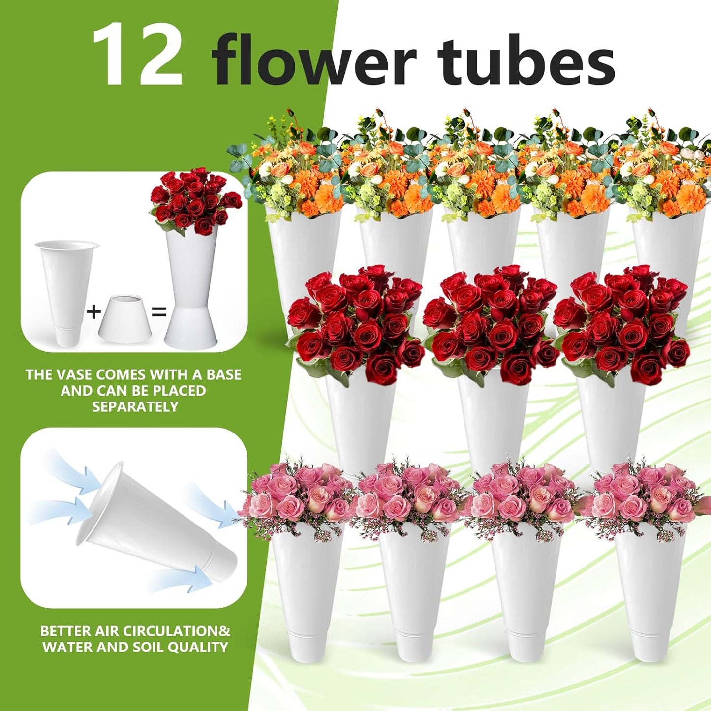 Flower Display Stand with 12 Buckets, 3 Layers Cart Display Stand with Wheels, Sturdy White Moving Florist Bouquet Shelf for Patio Garden Flower Shop, with Lockable Swivel Wheels