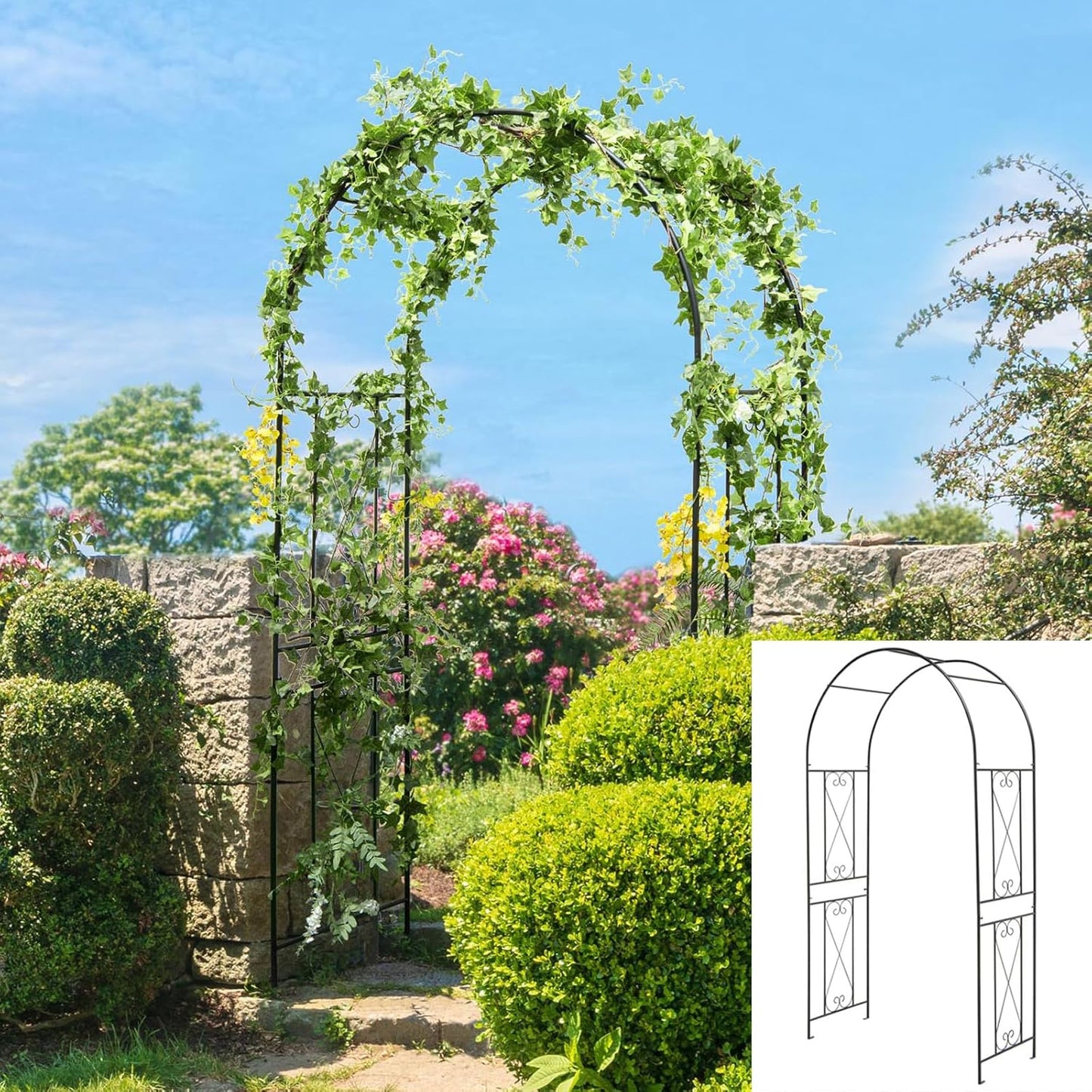 LDAILY Moccha Garden Arch Arbor Trellis, 7.2Ft Outdoor Steel Arbor with Stakes, Metal Archway for Climbing Plants, Wide Sturdy Garden Arch for Lawn, Party, Ceremony Wedding Decoration, Black