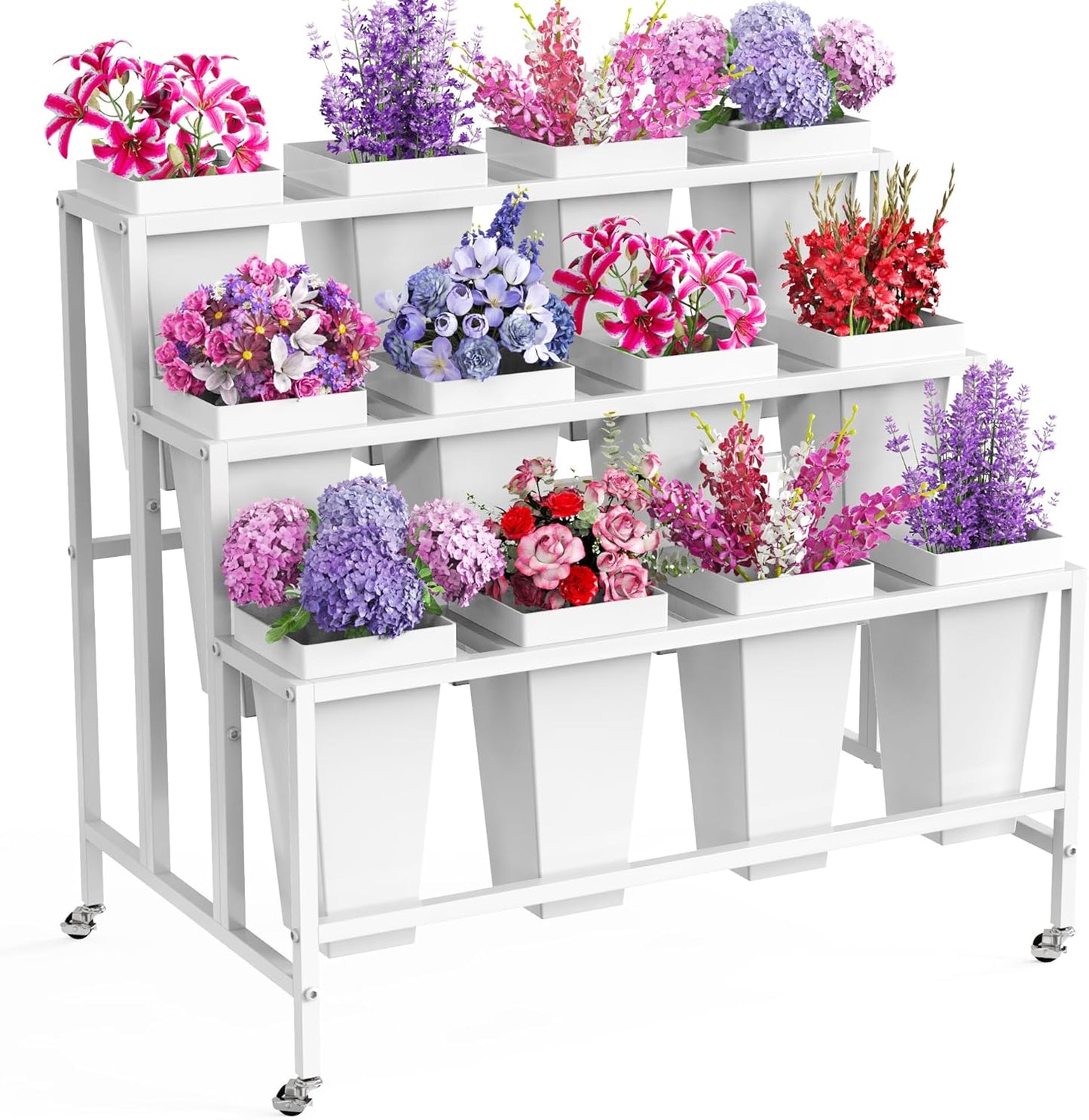 Asee'm Flower Display Stand with 12 Buckets, 3 Layer Metal Flower Bar Stand with Wheels Heavy Duty Moving Flowers Cart Display Bloom Bar for Florist Indoor Outdoor Patio Garden Wedding Dector White
