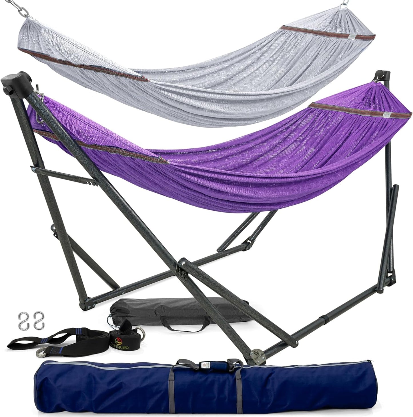 Tranquillo Universal Double Hammock with Stand Included for 2 Persons/Foldable Hammock Stand 600 lbs Capacity Portable Case - Inhouse, Outdoor, Camping, Sky
