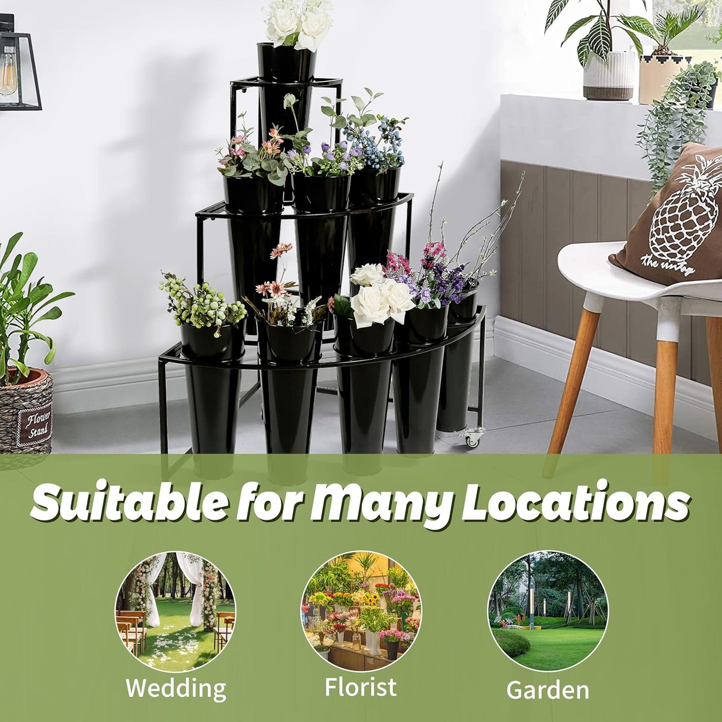 Flower Display Stand, 3 Layers Flower Cart Shelf with 9 Buckets, Flower Bar with 360° Swivel Wheels and Brake, Arch Flower Buckets Rack for Indoor, Florists, Garden, Flower Pop-Up Events