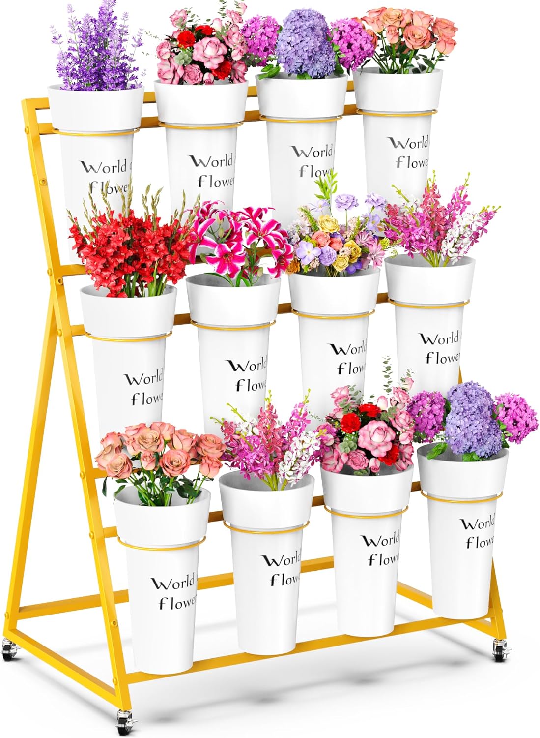 Asee'm Flower Display Stand with Buckets, 3-Layer Metal Flower Stand, Heavy Duty Movable Flower Bar with Wheels Flower Cart for Indoor Flower Shop Terrace Gardens Wedding Outdoor Flower Events White