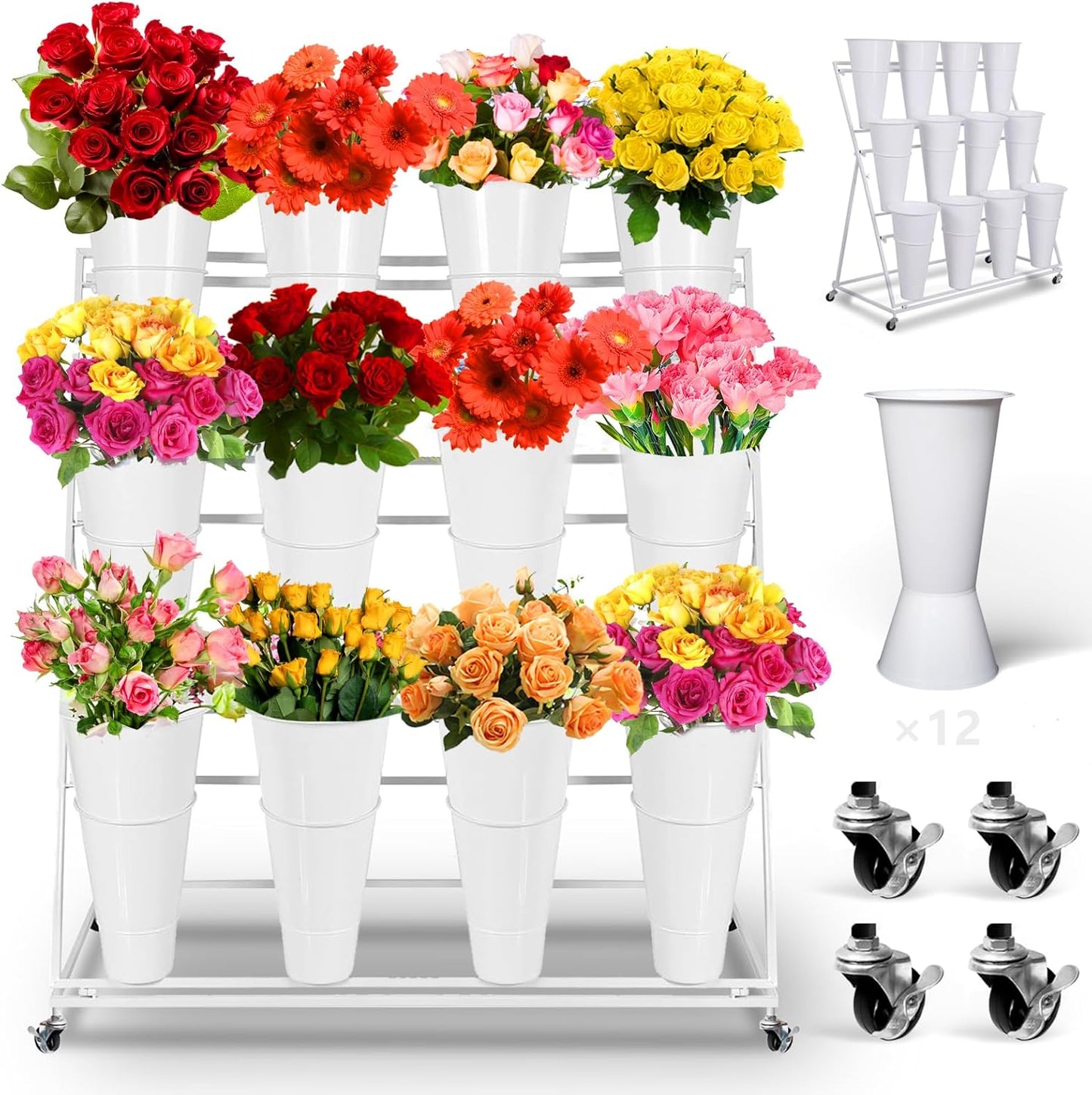Flower Display Stand with 12 Buckets, 3 Layers Cart Display Stand with Wheels, Sturdy White Moving Florist Bouquet Shelf for Patio Garden Flower Shop, with Lockable Swivel Wheels