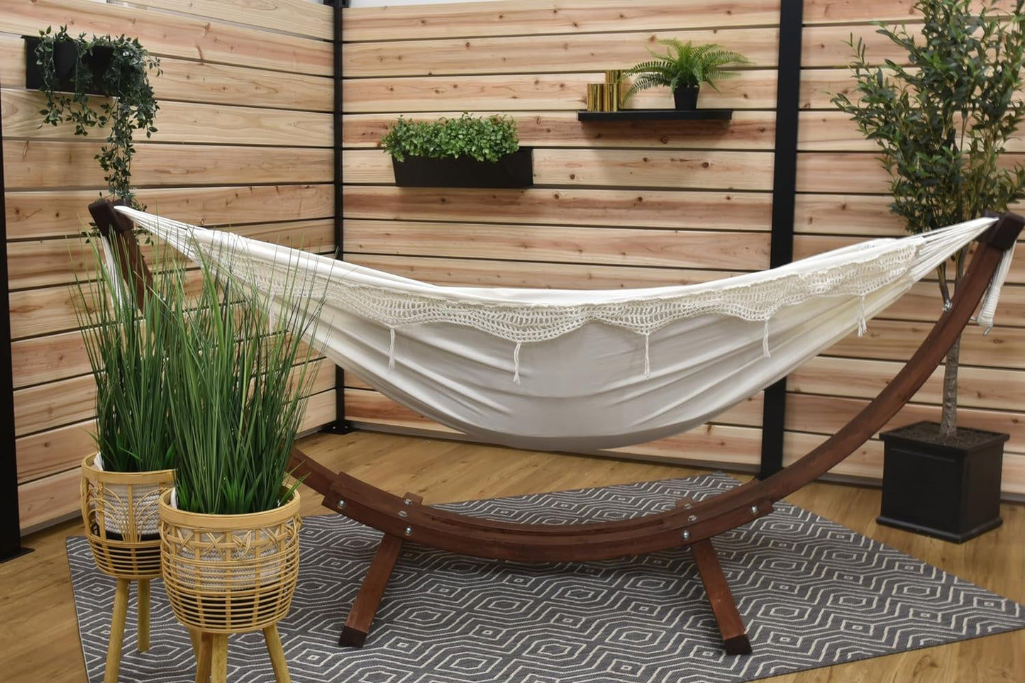 Vivere Double Cotton Hammock with Solid Pine Arc Stand - 450 lb Capacity, Durable FSC Wood Frame, Includes Hardware & User Guide - 450 lb Weight Capacity