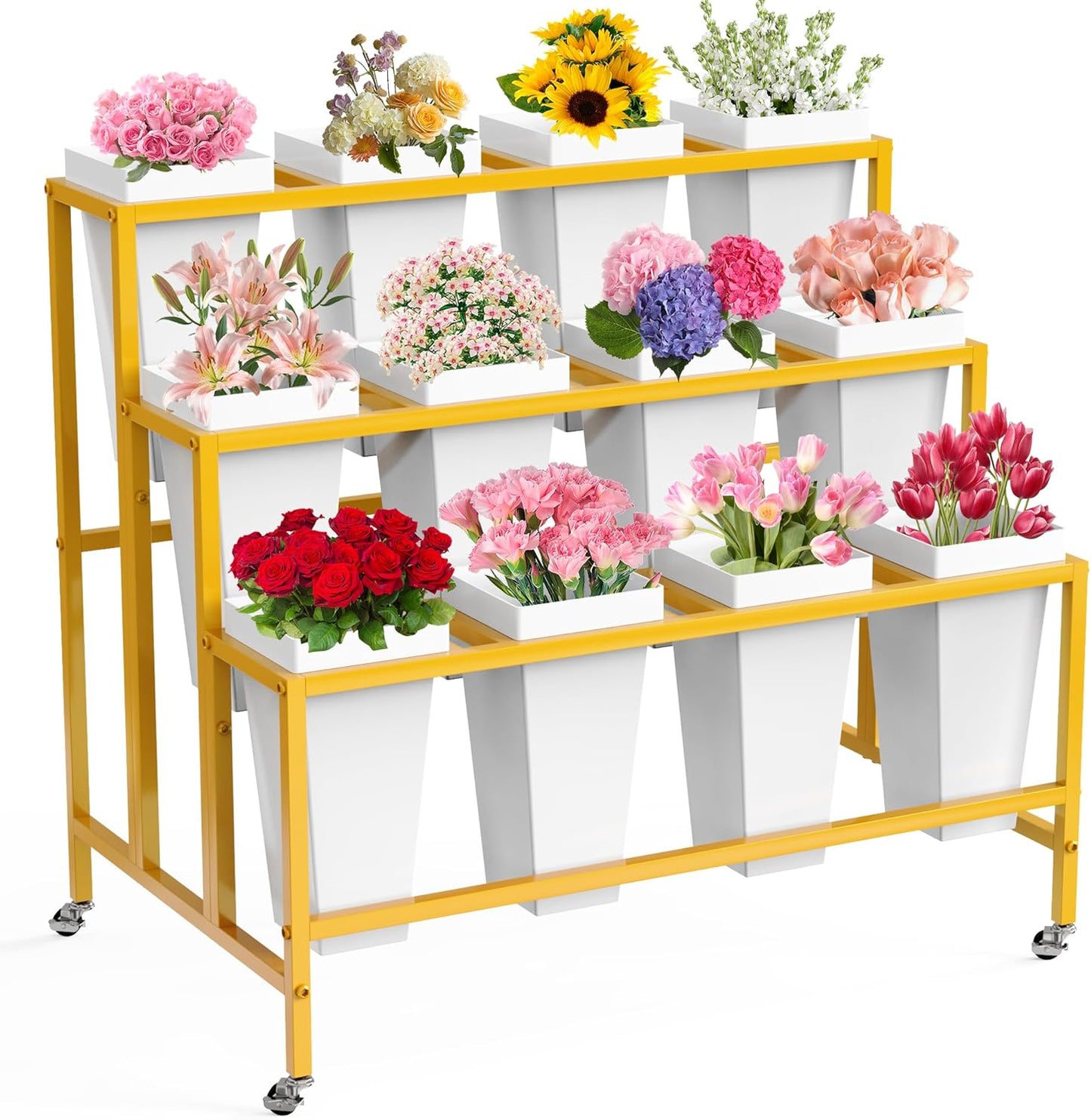 Flower Display Stand with 12 Buckets, 3 Layers Flower Cart White Metal Flower Bar Stand with Wheels, Moving Florist Bouquet Shelf for Indoor Outdoor Patio Garden Weddings Florist Living Room
