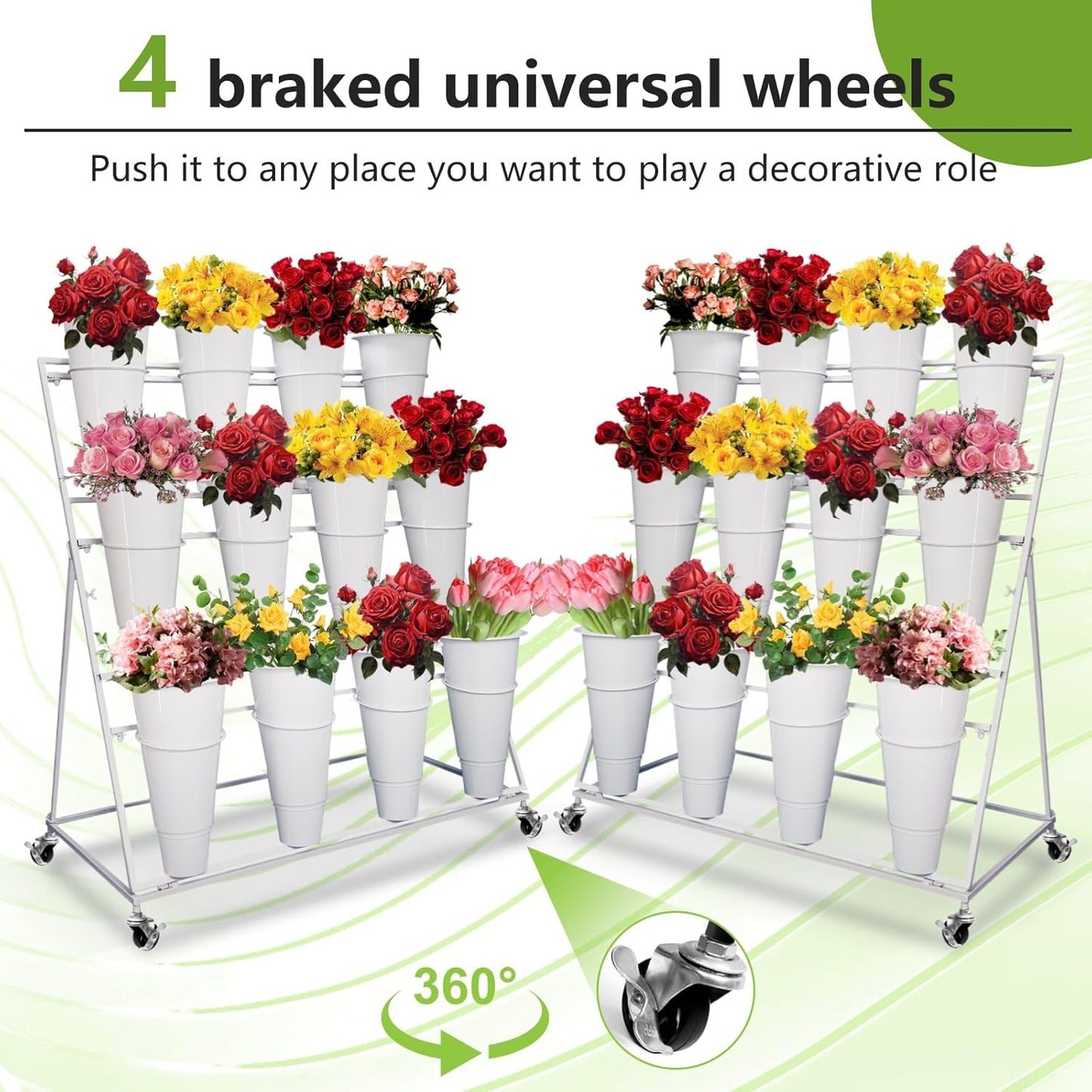 Flower Display Stand with 12 Buckets, 3 Layers Cart Display Stand with Wheels, Sturdy White Moving Florist Bouquet Shelf for Patio Garden Flower Shop, with Lockable Swivel Wheels