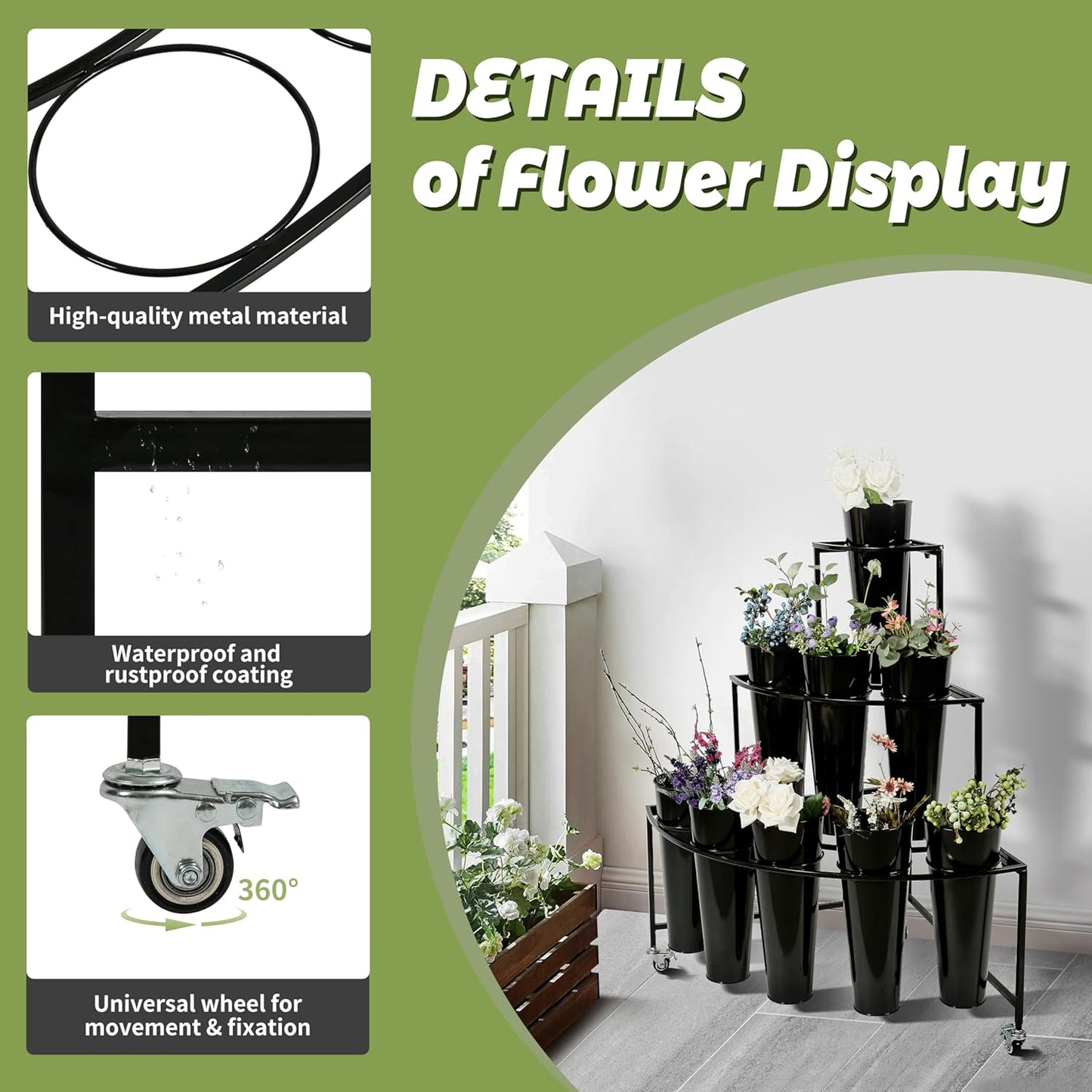 Flower Display Stand, 3 Layers Flower Cart Shelf with 9 Buckets, Flower Bar with 360° Swivel Wheels and Brake, Arch Flower Buckets Rack for Indoor, Florists, Garden, Flower Pop-Up Events