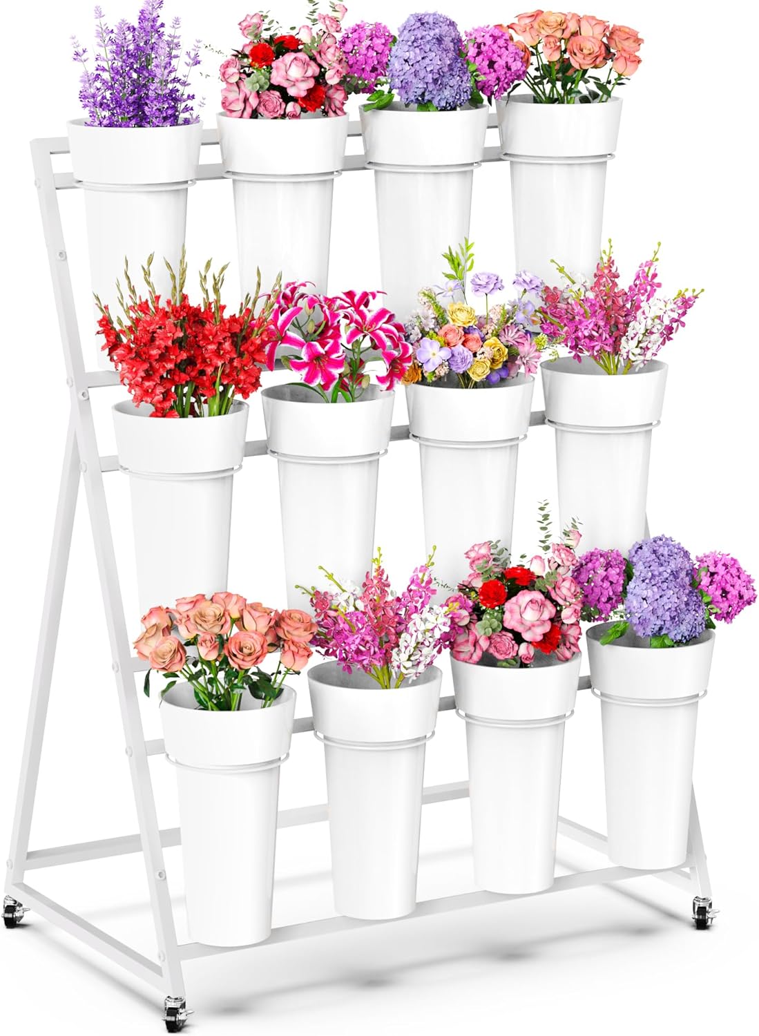 Asee'm Flower Display Stand with Buckets, 3-Layer Metal Flower Stand, Heavy Duty Movable Flower Bar with Wheels Flower Cart for Indoor Flower Shop Terrace Gardens Wedding Outdoor Flower Events White
