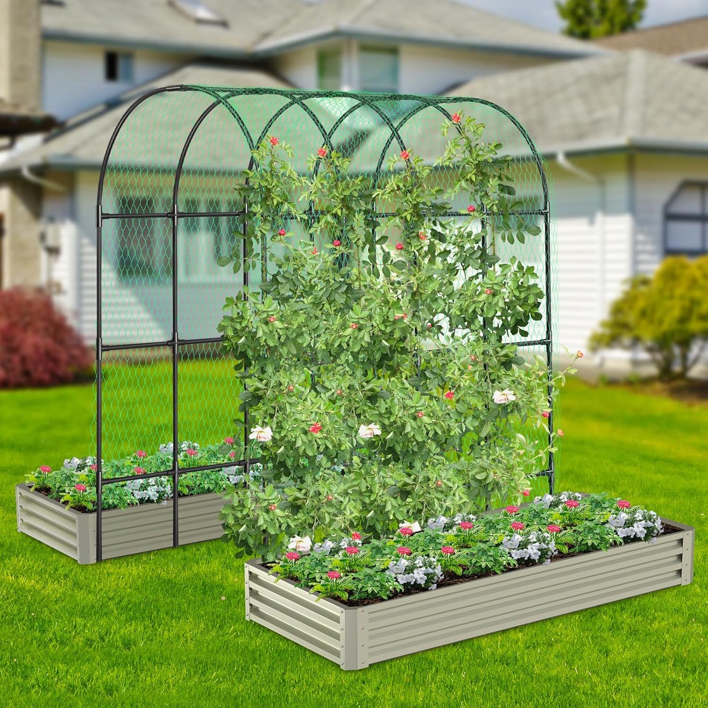 Garden Arch Trellis, Metal Arch Trellis for Climbing Plants Outdoor, Yard, Garden, Climbing Plants w/Decorative Wire Lattice - Black