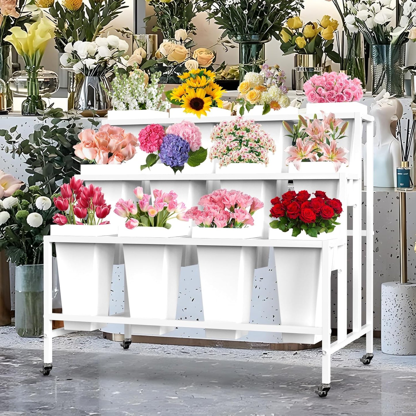 Flower Display Stand with 12 Buckets, 3 Layers Flower Cart White Metal Flower Bar Stand with Wheels, Moving Florist Bouquet Shelf for Indoor Outdoor Patio Garden Weddings Florist Living Room