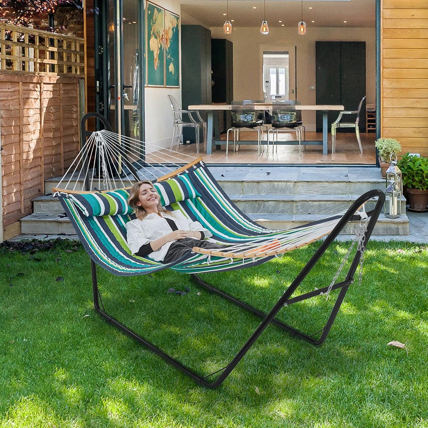 Yaheetech Hammock with Stand Set, 2-3 People Heavy Duty Hammock with Frame & Removable Pillow for Outdoor & Indoor, Max.Weight Capacity 475LB - Green Stripe