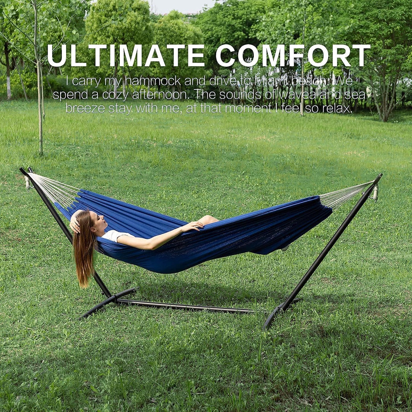 PNAEUT Double Hammocks with Stand for Outside, Portable Space Saving Heavy-Duty Steel Stand for Indoor Outdoor Patio with Carrying Bag, 450 lbs Capacity (Navy)