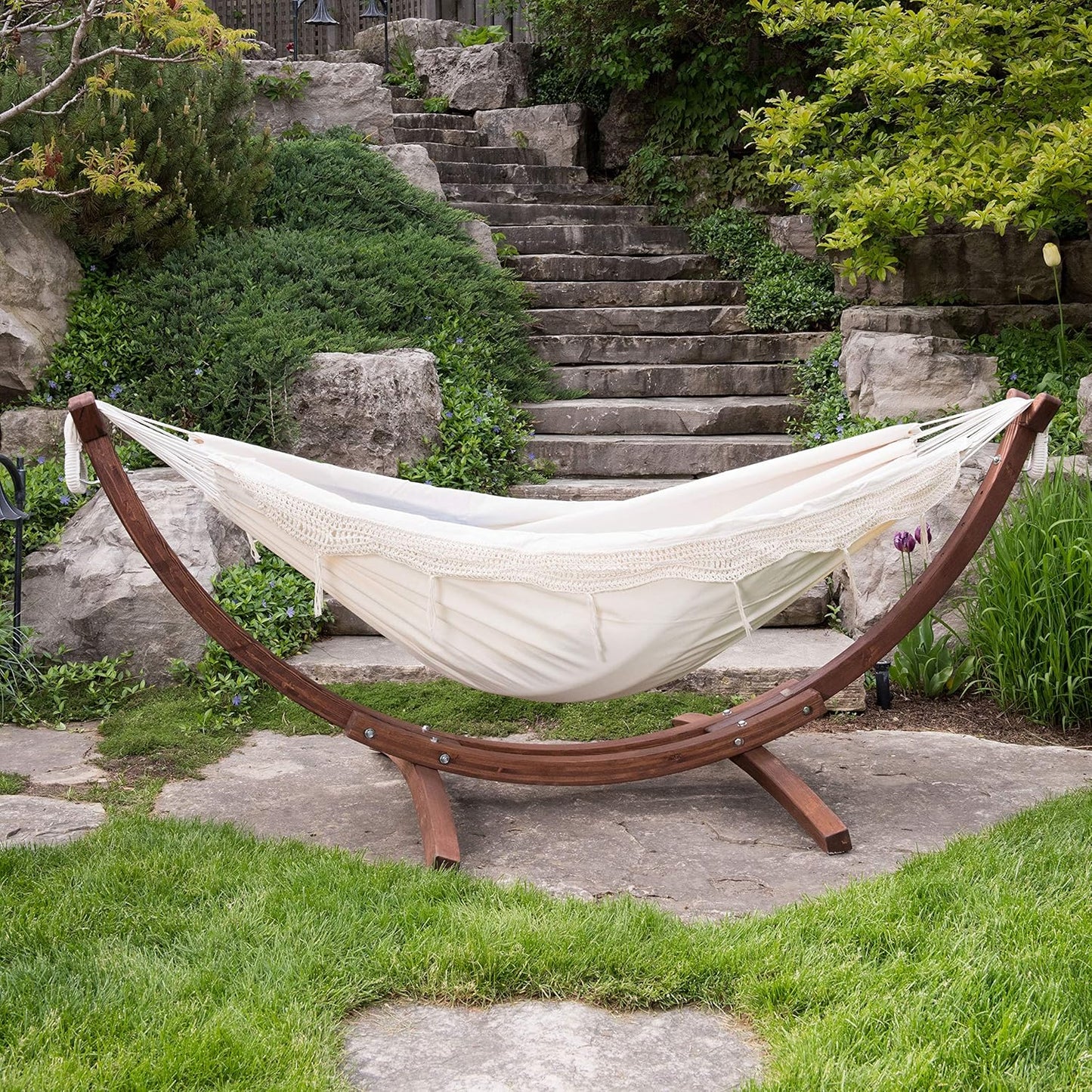 Vivere Double Cotton Hammock with Solid Pine Arc Stand - 450 lb Capacity, Durable FSC Wood Frame, Includes Hardware & User Guide - 450 lb Weight Capacity